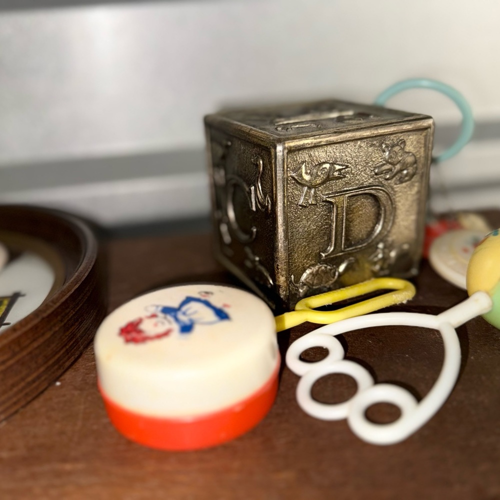 Antique Toy Lot: ABC Sterling Silver Block and 4 Rattles